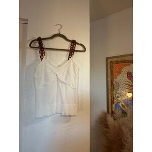 Preowned, woman’sNewYork&Company twist front tank,tortoiseshell chain straps,Med